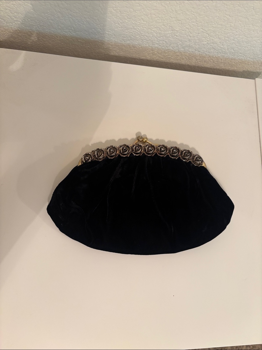 Black Velvet Evening Clutch with Gold Rose Trim